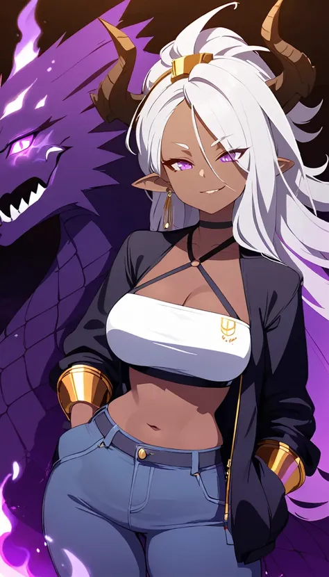 Dark-skinned woman, chubby, large dragon horns on head, short puffy Android 21 silver hair, violet eyes, long pointy ears, black scales on arms, gold jewelry, calm and cool attitude, small smirk, white cropped halter top, dark blue jeans, hand in pocket, d...