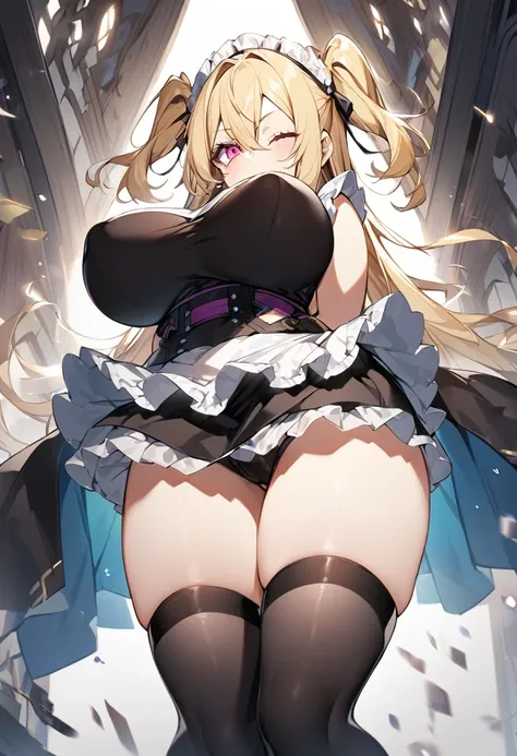 (One girl)、((medium length hair))、(sidelock)、((Blonde))、(slan eyes)、（boyish）、cute、(Big super breasts)、((Chubby))、Maid、No sleeve、mini skirt、White sleeveless、thigh-high socks thighhighs、(long gloves)、hairs between eyes、(coarse hair)、[flipped hair]、pink eye、e...