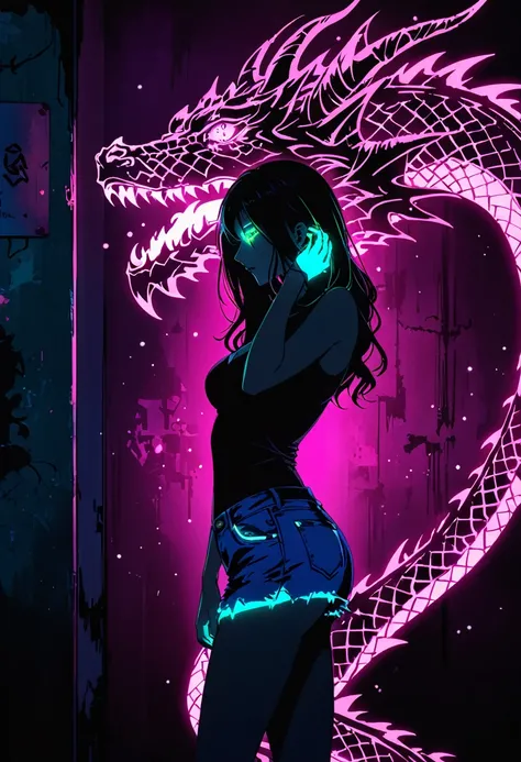 artist by Megan Hess,(blue fluorescent Graffiti of mysterious dragon :2.0)，indoor，Fluorescent illumination， (Darkness shrouded, black background, shadow, extreme darkness, Dark atmosphere：3.0),Wall background，black background，silhouette，shadow，extreme dark...