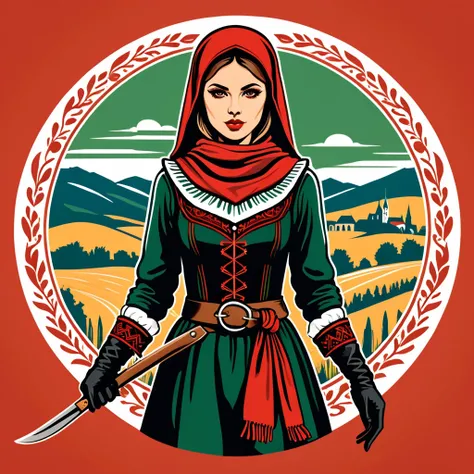 female thief in hungarian folk outfit, vector graphics, strong contours, logo design
