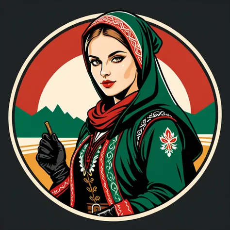 female thief in hungarian folk outfit, vector graphics, strong contours, logo design
