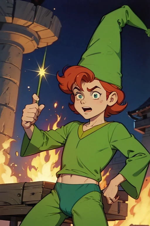 a redhead cartoon character, ((He wears a green underwear and a wizard hat)), a young male wizard, 1980s cartoon, animated episode still, Presto (((mad)))