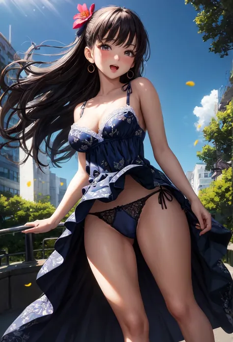 A beautiful girl wearing a navy blue dress posing for a photo, anime girl, in the park, Lolita style dress with ruffles and lace, (flower printed elegant dress skirt), low-cut chest, blue sky and white clouds, windy day, white stockings above the knee, (lo...