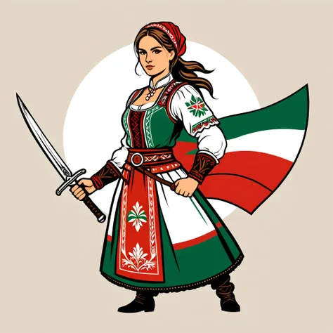 female fighter in hungarian folk outfit, vector graphics, strong contours, logo design
