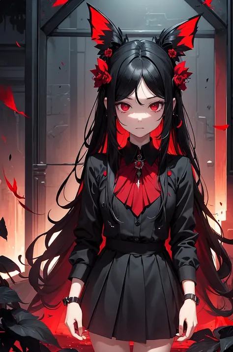 expressionless,,(dark fantasy),((Excellent illustrations)),(splash details), long black hair, red student, girl, pure black dress, Cover only, The cuffs and skirt are dark red., Ears attached to the side with a red butterfly hairpin., Masterpiece, best qua...