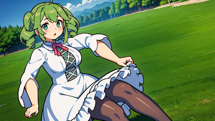 Zundamon、Shikoku Metal,Face to face,zndmn,suspenders,green short hair,ShikokuMetan,1girl,twin drill hair,white dress,Wide_sleeves,pantyhose