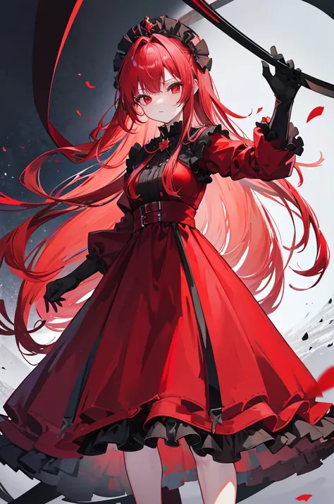 red hair, long straight hair, red eyes, red ruffle dress, black trim on dress, black gloves and shoes, big black ribbon above head, bangs that show the forehead