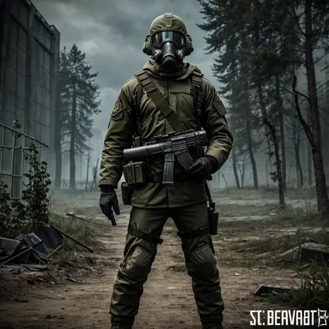 Draw me a logo of a character from the game S.T.A.L.K.E.R standing infront of Chernobyl holding a ak-74 with a GP-5 gas mask with the caption STALKER underneath all of it