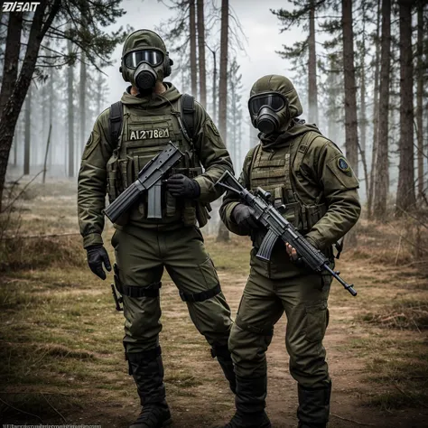 Draw me a logo of a character from the game S.T.A.L.K.E.R standing infront of Chernobyl holding a ak-74 with a GP-5 gas mask with the caption STALKER underneath all of it