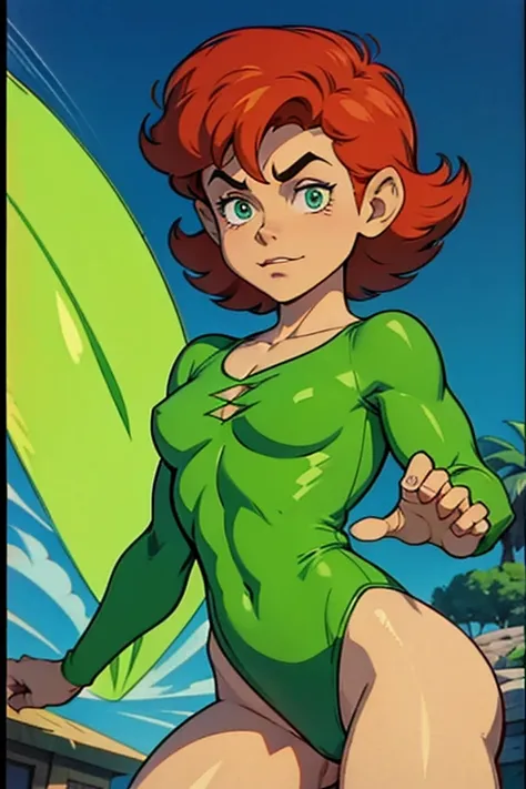 a redhead cartoon character dressed in a green leotard, very muscular, a young male wizard, 1980s cartoon, animated episode still, Presto (((mad)))