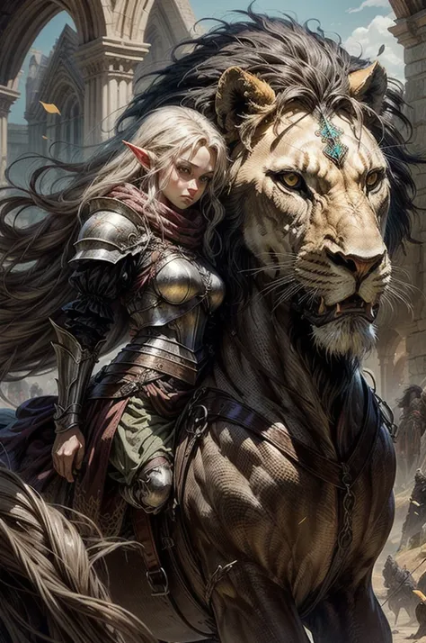 fantasy, a  elf paladin girl riding large long mane lion