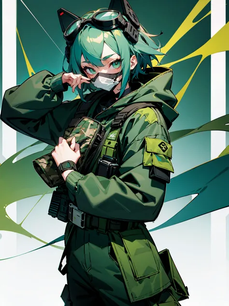 1female, mask, teal hair, goggles, green eyes, camo jacket, black baggy pants, apathetic expression