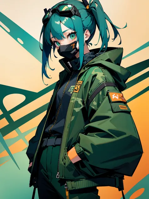 1female, mask, teal hair, goggles, green eyes, camo jacket, black baggy pants, apathetic expression