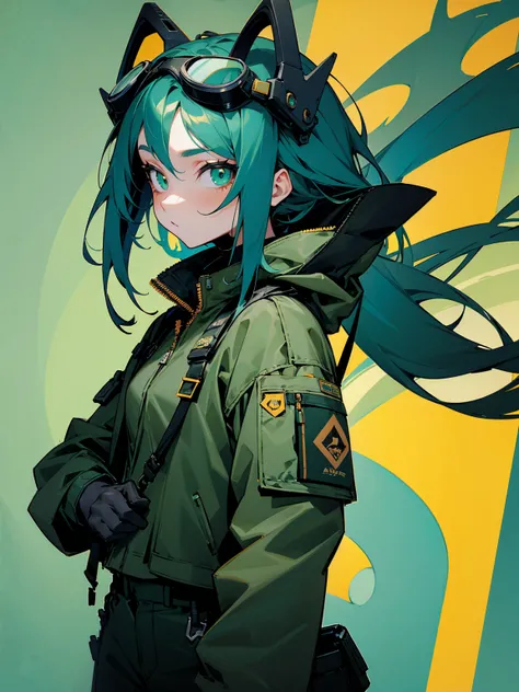 1female, mask, teal hair, goggles, green eyes, camo jacket, black baggy pants, apathetic expression