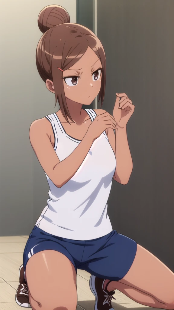 Ayaka Uehara, Ayaka Uehara, Brown Hair, hair ornaments, (Brown eyes:1.5), Hair Clip, Dark Skin, Hair Bun, Dark skinned women, single Hair Bun,全身
break shirt, White shirt, shoes, Shorts, No sleeve, Black footwear, No sleeve shirt, black Shorts, Tank top, sn...