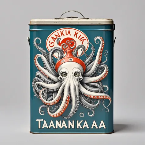 Human with octopus head in traditional flat sardine tin, logo, Tanaka Ikko, fl4tstyle3, modernist.