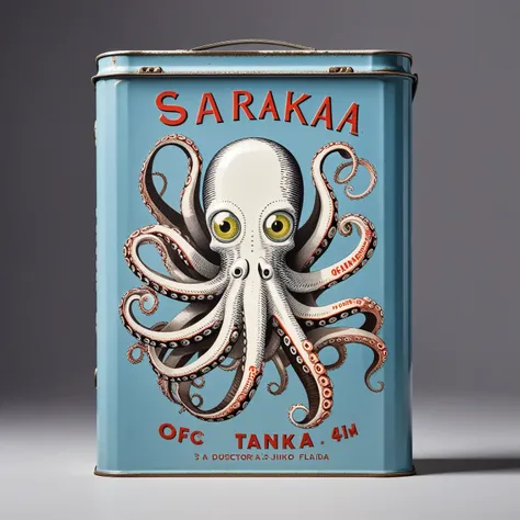 human with octopus head in traditional flat sardine tin, logo, tanaka ikko, fl4tstyle3, modernist.