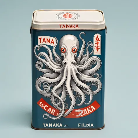 Human with octopus head in traditional flat sardine tin, logo, Tanaka Ikko, fl4tstyle3, modernist.