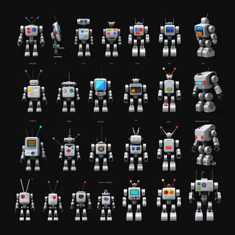 cute cartoon style 1robot with MANY type robot with variation props, 1angle 1side, geometrical, high detail, best quality, simple dark background