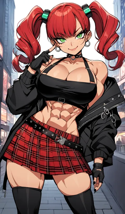 woman, smug smile, curly red hair in pig tails, green eyes, eye shadow, wearing crop top black shirt, long black jacket, red pla...