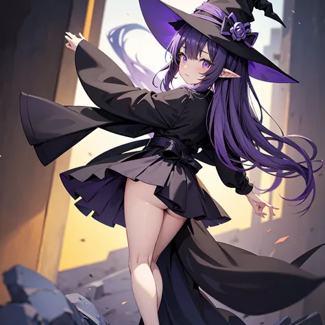 Anime girl with waist-length purple hair and black robe. Witch hat. Pointy ears. Cute as a cartoon. Back view. Full body facing backwards. The whole body is visible. Skirt is short.