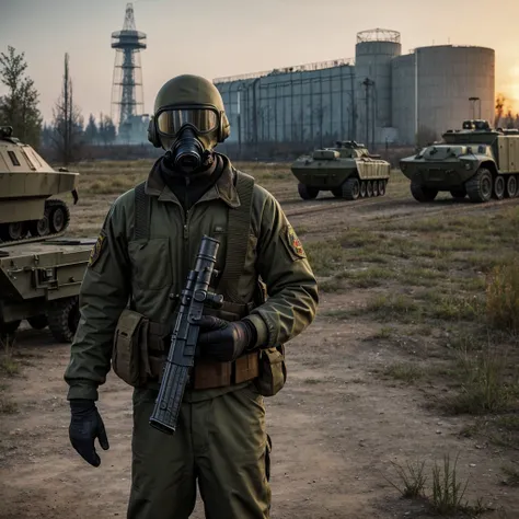 Draw me a logo of a character from the game S.T.A.L.K.E.R standing infront of Chernobyl holding a ak-74 with a GP-5 gas mask with russian vehicles behind him