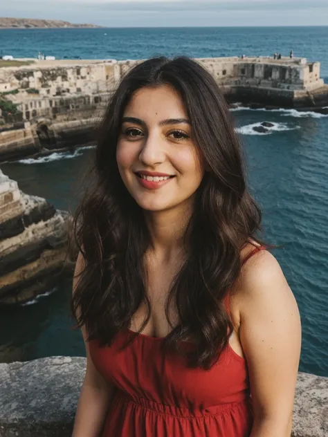 Caseyli, 1girl, solo, 30 years old, (((Georgian face))), (((Georgian nose))), (((Georgian lips))), ((((chubby)))), (((wide hips))), (dark blonde hair), wavy medium hair, wearing stylish Generation Z wear, ((Background: rugged coastline)), standing, smiling