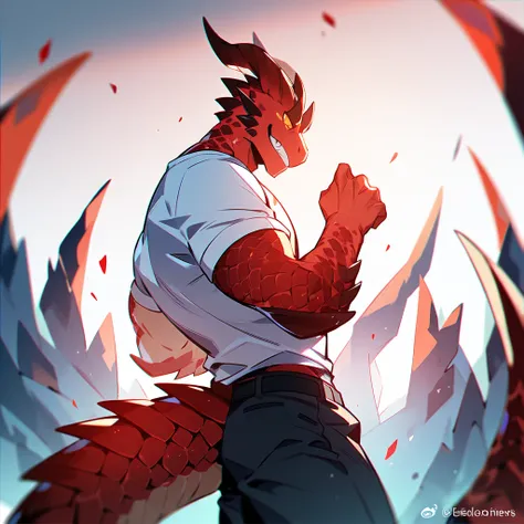 Dragonborn ,red scales, tail, muscle, handsome, Middle Ages , adventurer shirt , Fantasy ,The best aesthetics , best quality, Amazing quality, The best aesthetics