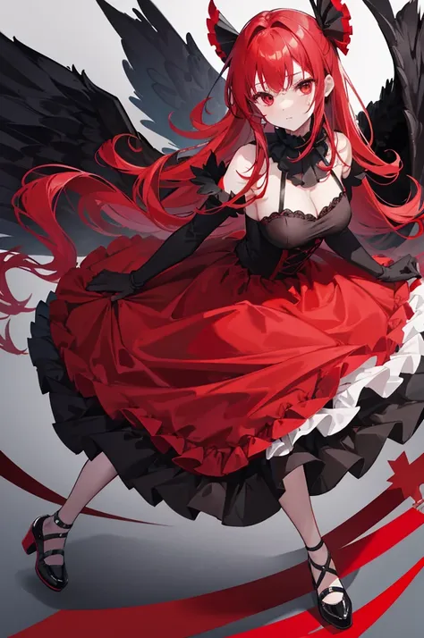 red hair,  red eyes, red ruffle dress, black trim on dress, black gloves and shoes, big black ribbon above head, wavy hair