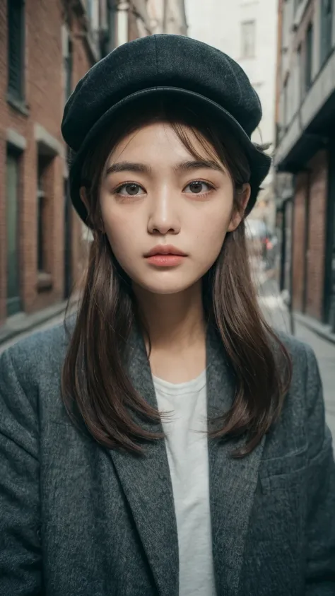 ((best quality, 8k, masterpiece: 1.3)), (Newsboy hat: 1.3), Concentrate upon: 1.2, perfect body beauty: 1.4, hip: 1.2, (layered haircuts: 1.2)), (dark street: 1.3), Highly detailed face and skin texture, whole body, good eyes, double eyelid, White skin, lo...