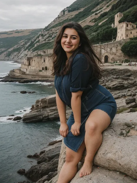 Caseyli, 1girl, solo, 30 years old, (((Georgian face))), (((Georgian nose))), (((Georgian lips))), ((((chubby)))), (((wide hips))), (dark blonde hair), wavy medium hair, wearing stylish Generation Z wear, ((Background: rugged coastline)), standing, smiling...