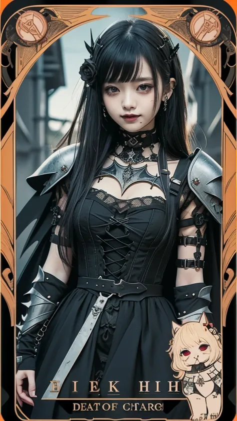 Realistic、A delicate and detailed masterpiece、Highest quality、Highest quality、(Tarot card style:1.3)、Purple Rose Background、One Woman、Upper body photo、(Dark Knight、Dress Armor:1.3)、(Gothic punk outfit:1.3)、(Black Hair、Hime cut, Long Hair:1.2)、Natural Makeu...