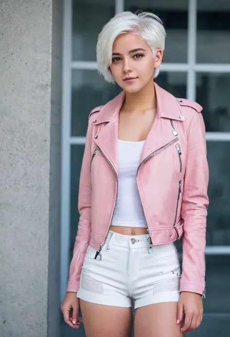 ((Beautiful)), young white teen, short white hair, brown eyes, wearing pink leather jacket over a white tank top, wearing short white shorts, wearing white thigh high boots, standing outside a concrete office