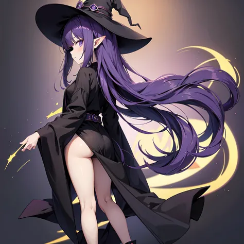 Anime girl with long purple hair and black robe. Witch hat. Pointy ears. Cute as a cartoon. Back view. Full body facing backwards. The whole body is visible. Skirt is short.