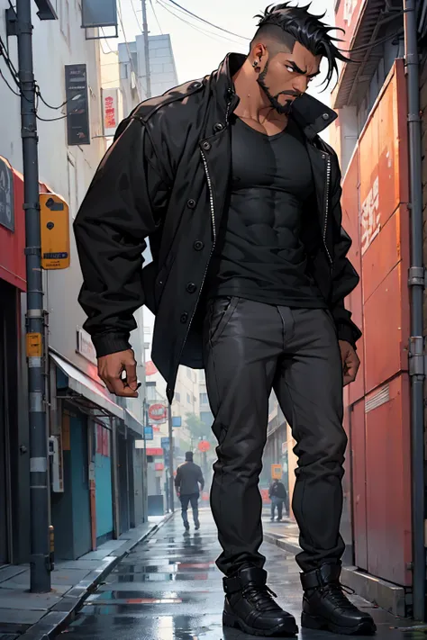 1male , Undercut Hair , Messy Hair , Goatee , Black Hair , Black Eyes , Dark Skin , Adult Male , Serious Expression , Standing on sidewalk , Black Compression T-Shirt , Black Trenchcoat