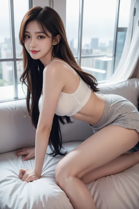 25 years old cute korean, big round breasts, cleavage, cropped length tank top, skirt, beautiful eyes in detail, eyeshadow, thic...