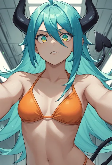 score_9, score_8_up, score_7_up,1 daemon woman, black  horns,1 black demon tail, (aquamarine hair),aquamarine green color hair,ahoge, long hair, (long hair),bangs, light orange bikini, bikini is orange, bikini orange, orange bikini!, (aquamarine eyes), bac...