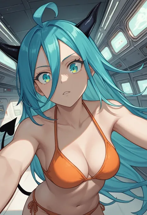 score_9, score_8_up, score_7_up,1 daemon woman, black  horns,1 black demon tail, (aquamarine hair),aquamarine green color hair,ahoge, long hair, (long hair),bangs, light orange bikini, bikini is orange, bikini orange, orange bikini!, (aquamarine eyes), bac...