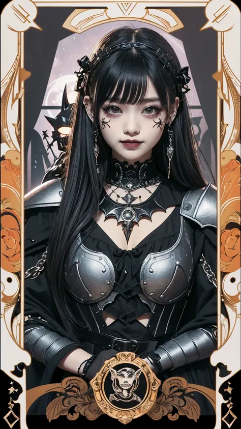 Realistic、A delicate and detailed masterpiece、Highest quality、Highest quality、(Tarot card style:1.3)、Purple Rose Background、One Woman、Upper body photo、(Dark Knight、Dress Armor:1.3)、(Gothic punk outfit:1.3)、(Black Hair、Hime cut, Long Hair:1.2)、Natural Makeu...