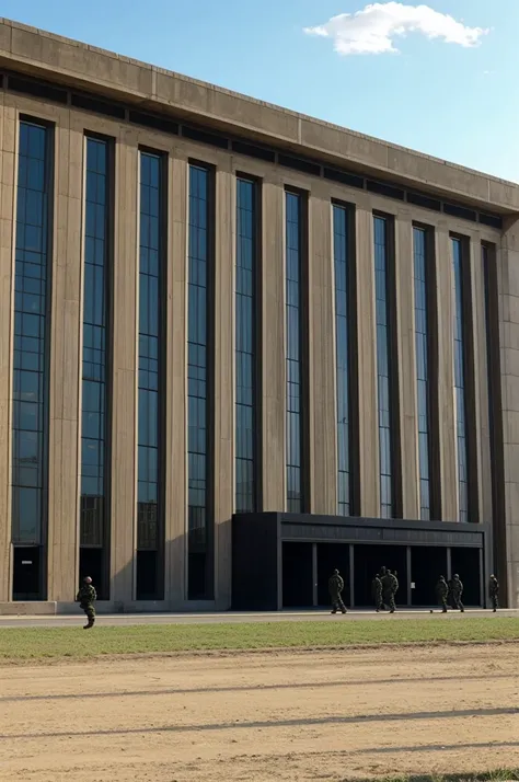  a type of field or building that has the FEMF logo on it, is very large and has military weapons with many men in black around it