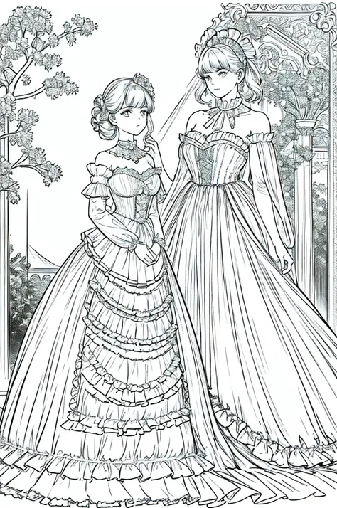 A gorgeous Victorian-era ball gown decorated with delicate lace and lush frills., A glamorous ball, Line drawings without color or shading, Sharp lines, The outline is a thick line,