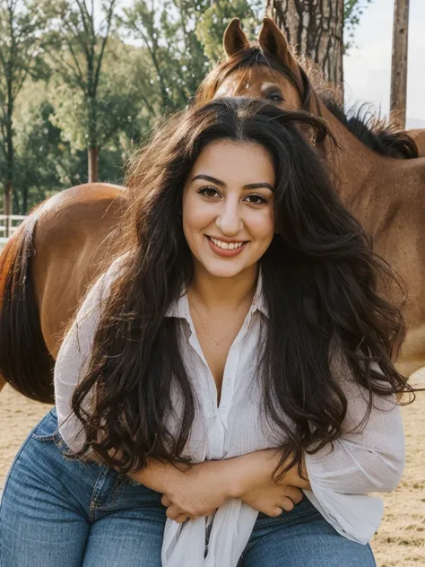 Caseyli, 1girl, solo, 30 years old, (((Georgian face))), (((Georgian nose))), (((Georgian lips))), ((((chubby)))), (((wide hips))), (dark blonde hair), wavy medium hair, wearing stylish Generation Z wear, ((Background: Riding horses)), standing, smiling, f...