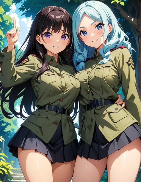 (anime artwork, anime style, studio anime, very detailed, up to date, vibrant, Anime Coloring, high contrast, masterpiece:1.2, best quality, best aesthetics),2 girl,hug from behind,army suit, pleated skirt, Medium chest, A glimpse of thighs,random hair, On...