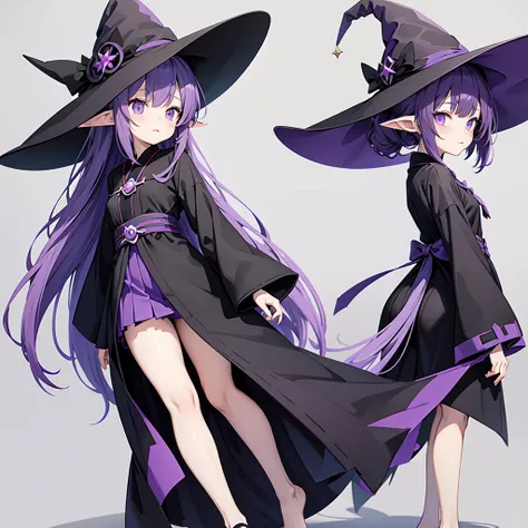 Anime girl with long purple hair and black robe. Witch hat. Pointy ears. Cute as a cartoon. Back view. Full body facing backwards. Her whole body is visible from her head to her feet. Skirt is short.