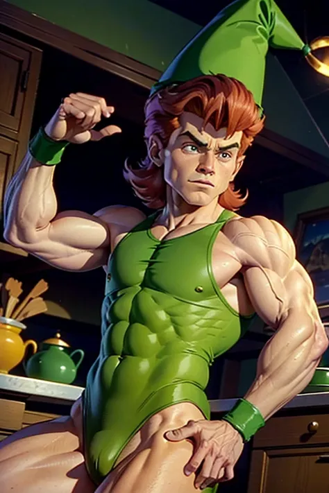 a redhead cartoon character dressed in a green leotard, very muscular, a 14 year old male wizard, 1980s cartoon, animated episode still, Presto (((mad))), ((Wears a wizard hat on his head))