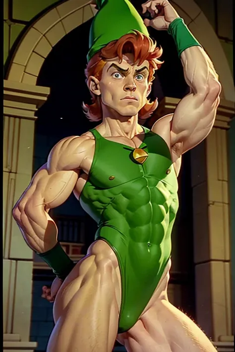 a redhead cartoon character dressed in a green leotard, very muscular, a 14 year old male wizard, 1980s cartoon, animated episode still, Presto (((mad))), ((Wears a wizard hat on his head))