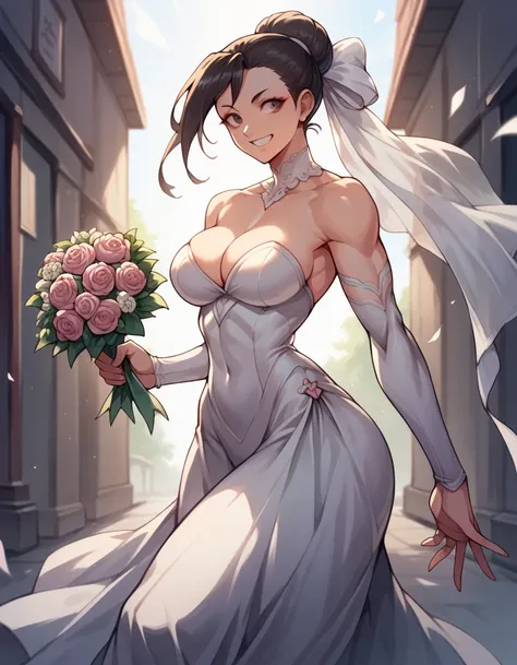 jury han (street fighter) , women, big breasts, small waist, big butt, wedding suit, wedding suit, wedding altar, holding a bouquet of flowers, alone, smiling, walked forward 