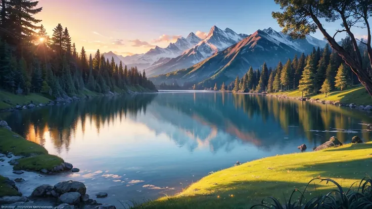 This photo depicts a peaceful landscape with the sun rising or setting near the horizon, radiates warm light. There is a calm body of water that reflects the sky and sun, surrounded by land with gentle slopes. On one side of the water body are snow-capped ...