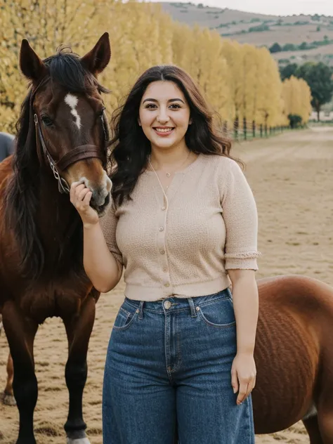 Caseyli, 1girl, solo, 30 years old, (((Georgian face))), (((Georgian nose))), (((Georgian lips))), ((((chubby)))), (((wide hips))), (dark blonde hair), wavy medium hair, wearing stylish Generation Z wear, ((Background: Riding horses)), standing, smiling, f...