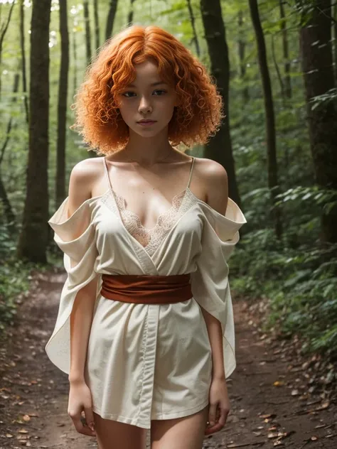 17 year old girl, Lovely, orange hair, Very short, Very curly, slim, flat bust, with freckles on the face, with slavic features, with Kimono, bare shoulder and chest, Whole body, shows her legs, In the woods.